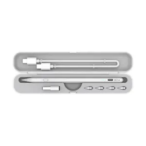 Skriva Stylus i ett öppet grått fodral med laddningskabel, adapter och reservspetsar