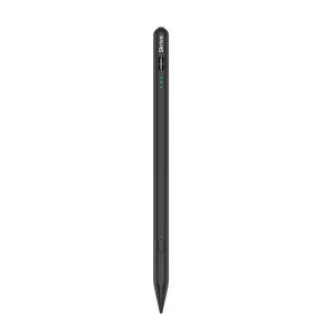 Skriva stylus för iPad i mörkgrått, visad vertikalt med sidoknapp och indikatorlampor.