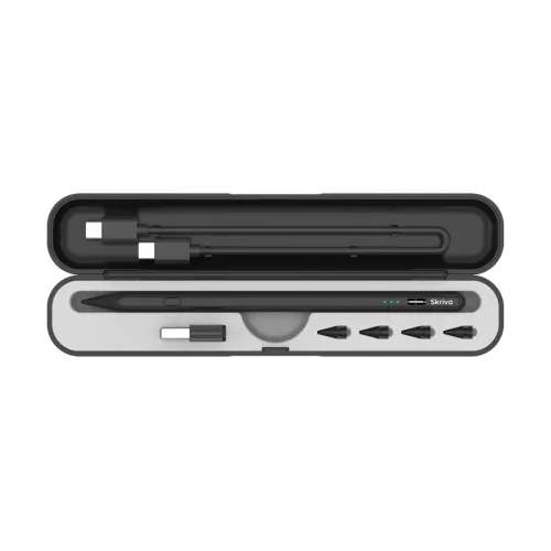 Skriva stylus och fodral med USB-C-kablar, adapter och utbytbara spetsar i ett öppet förvaringsfodral